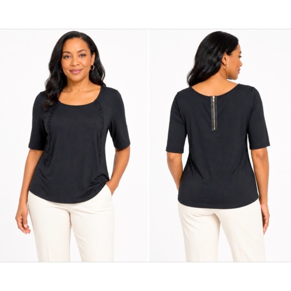 Ann Taylor Black Ruched Front Scoop Neck Top Gold Back Zip S Preppy Chic 66-16